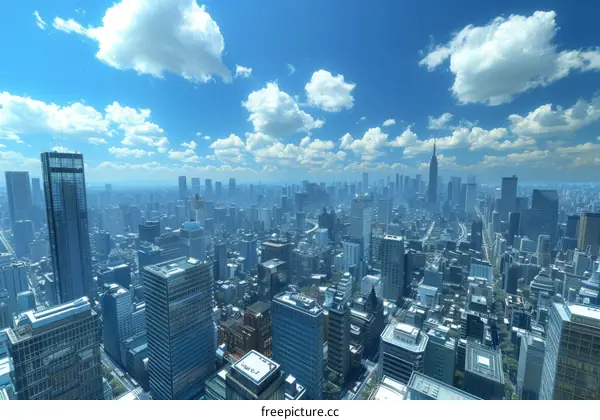 Cityscape of a Dense Metropolis with Skyscrapers and Blue Skies