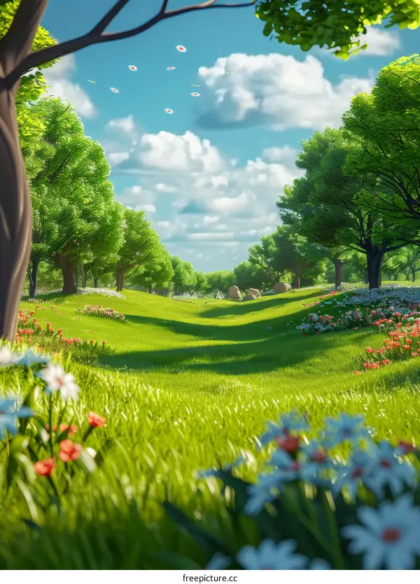 Vibrant Fantasy Meadow with Flowers and Blue Sky