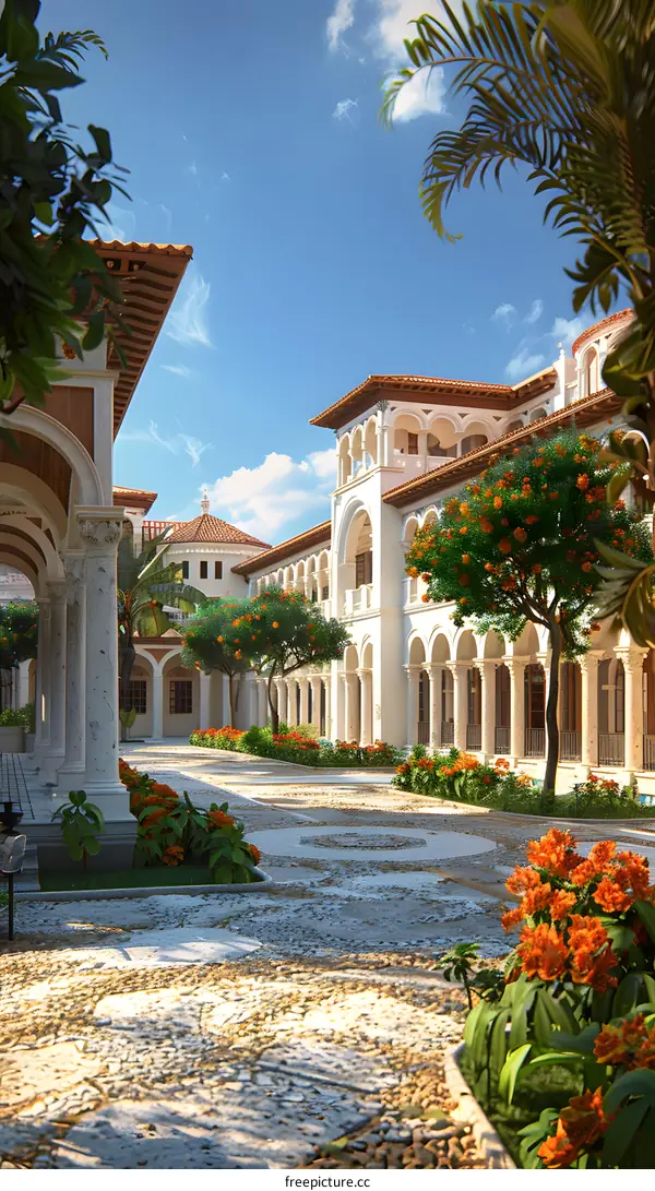 Courtyard of a Spanish style house with orange trees