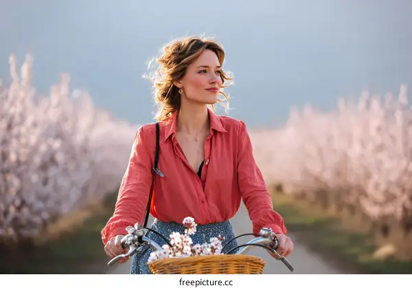 Woman Cycling Through Blooming Almond Trees