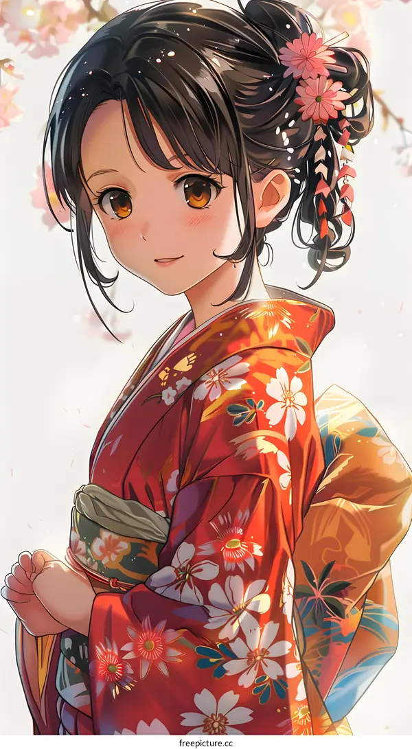 A cute anime girl with brown hair wearing a red kimono with white and pink flowers