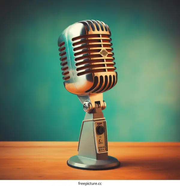 Retro silver microphone on wooden table with green background