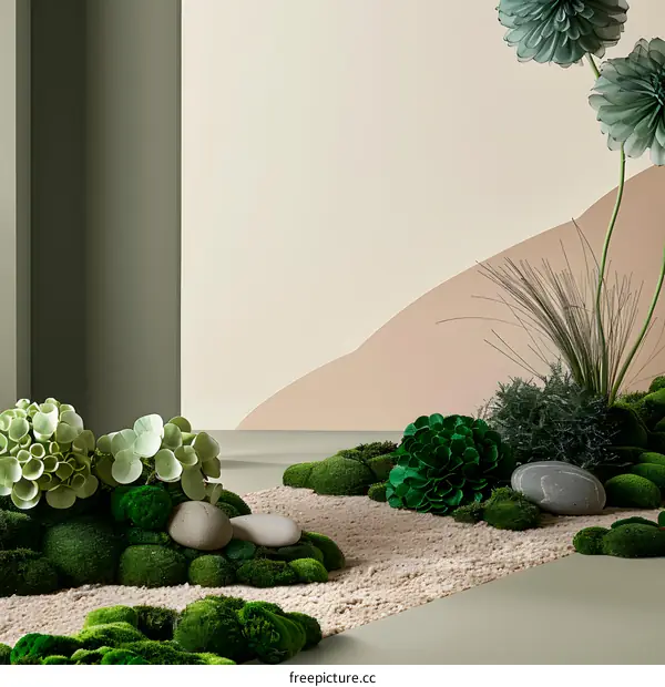 Green Moss and Stones Zen Garden  Minimalist Background
