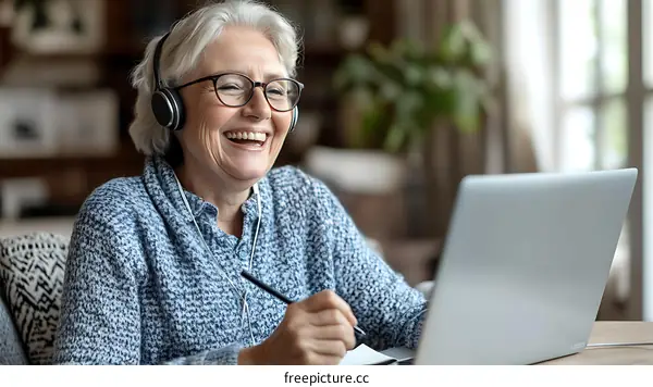 Senior Woman Enjoying Online Learning