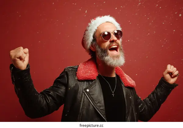 Excited Man in Santa Hat and Sunglasses