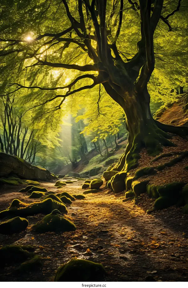 Sunlight shining through the forest canopy