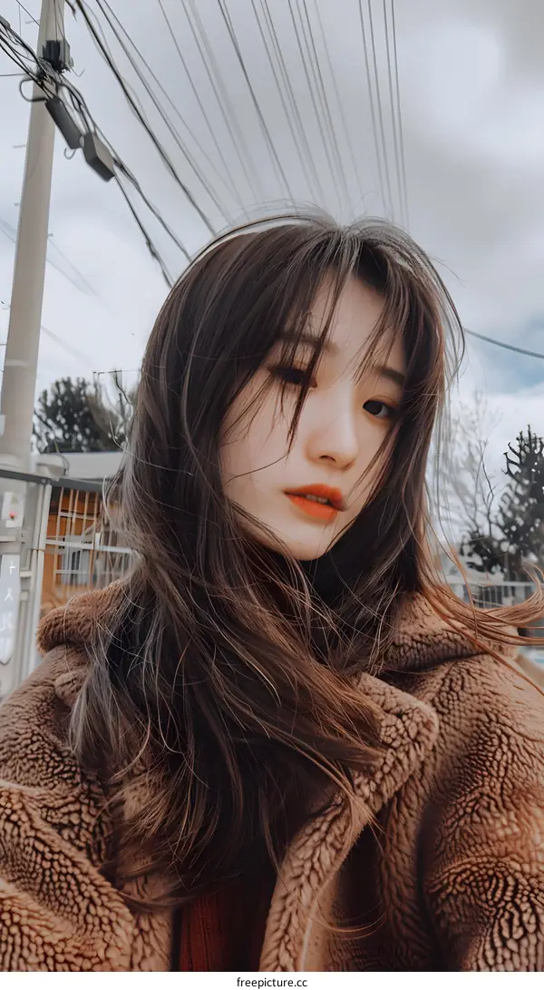 Asian Woman In Brown Fuzzy Coat With Long Hair