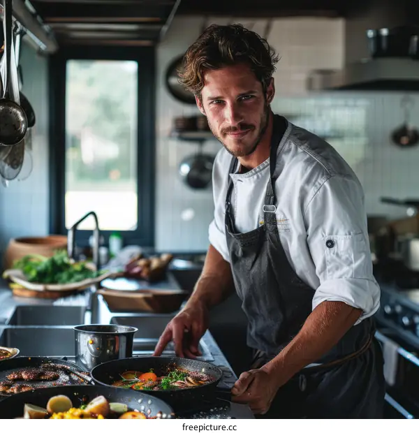 Handsome male chef in the kitchen