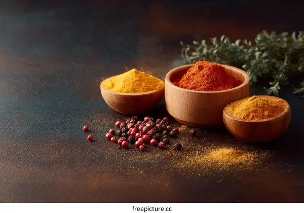 Assortment of Colorful Spices in Wooden Bowls