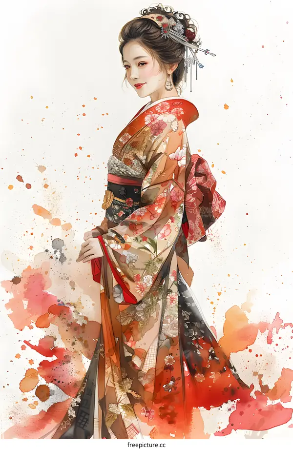 A woman wearing a kimono with a red and white background