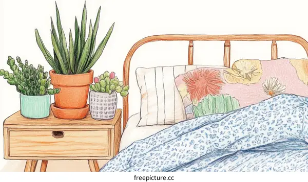 Cozy Bedroom Illustration with Plants and Bedding