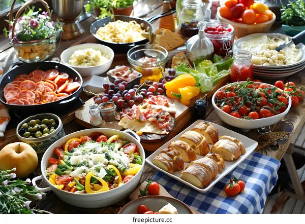 A table full of food including pizza, pasta, salad, and bread
