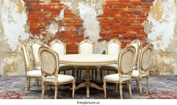Vintage Cream Dining Table and Chairs Against a Brick Wall