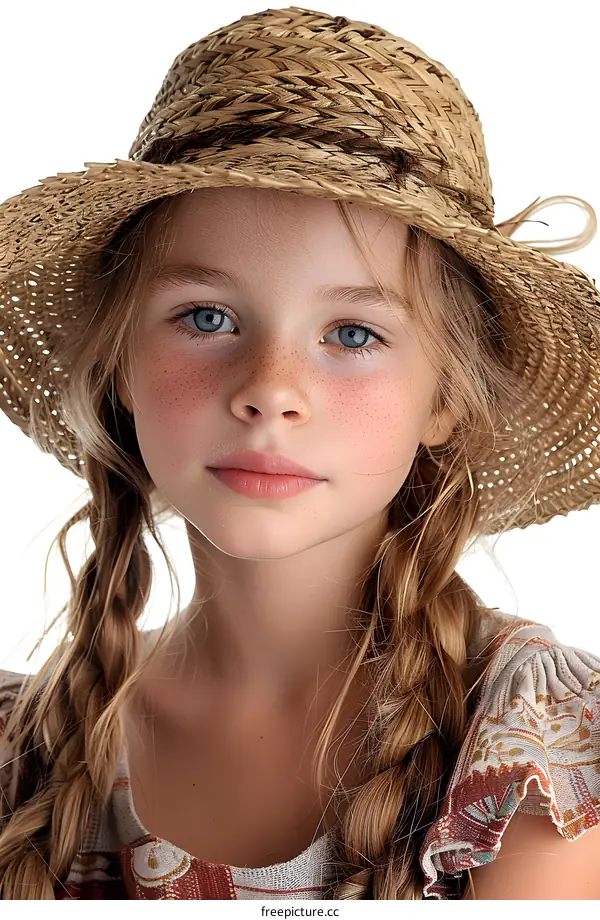 Portrait of a Young Girl with Blonde Hair and Freckles Wearing a Straw Hat