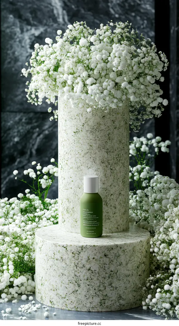 Elegant Green Cosmetic Product Display with White Flowers