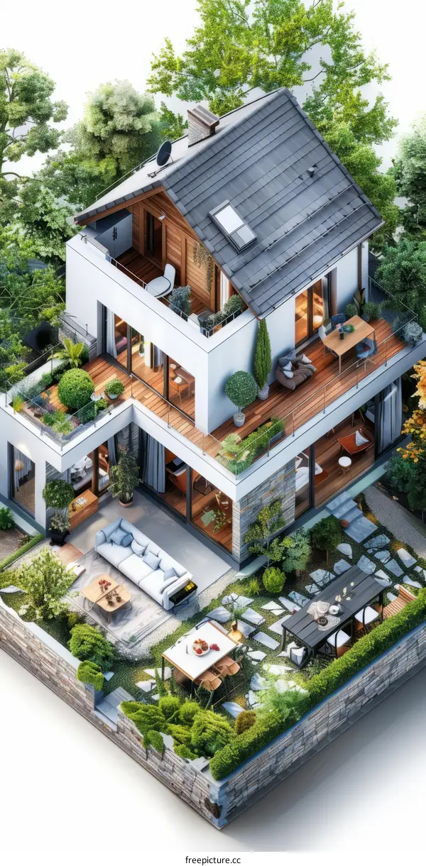 Modern house with green roof and garden