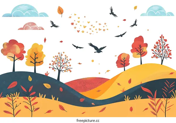 Autumn Landscape Illustration with Falling Leaves and Birds