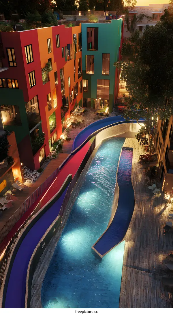 Colorful Buildings with Pool and Lush Greenery at Dusk