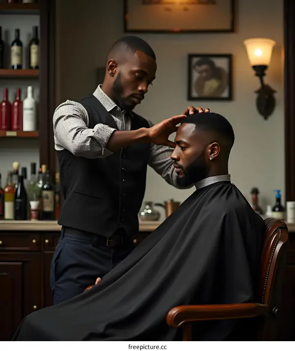 African American Barber Giving Haircut in Shop