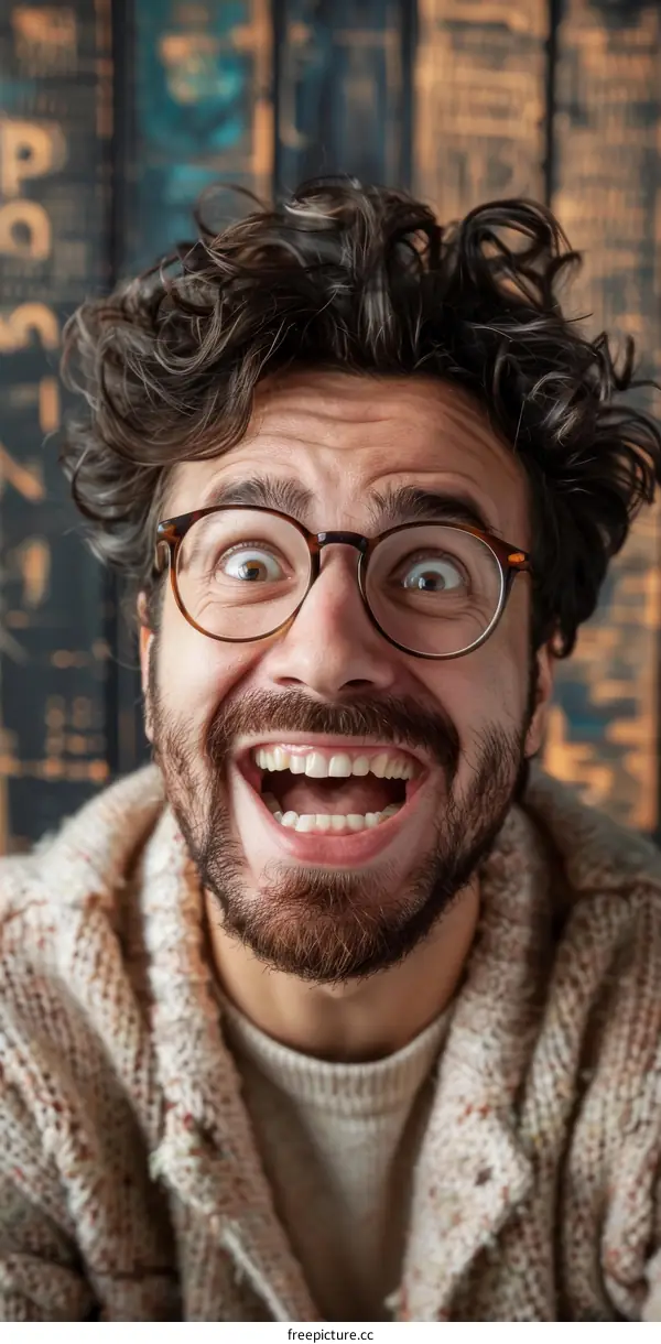 Excited Man with Glasses and Curly Hair Portrait