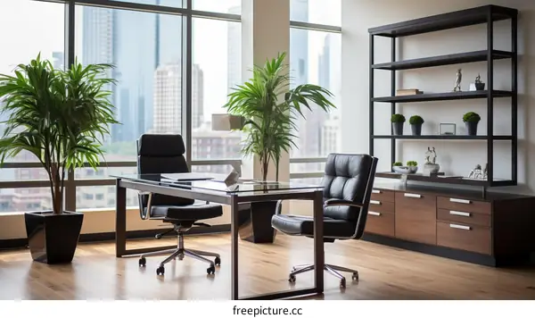 Modern office interior with large windows and city view