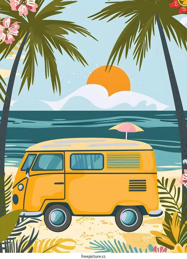 Yellow Van on Beach with Palm Trees