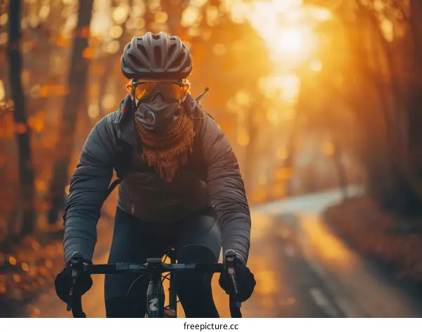 Cyclist riding on a country road in the autumn