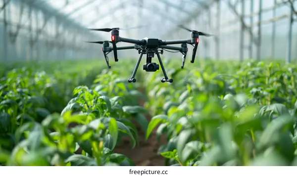 Drone flying over a field of crops