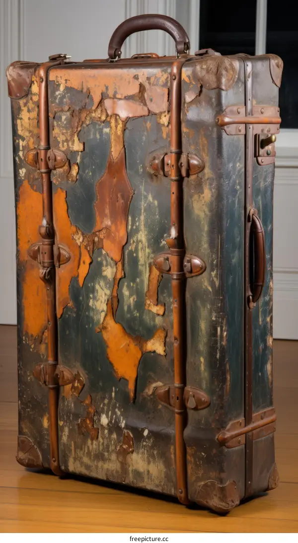 Vintage Weathered Suitcase with Leather Handle