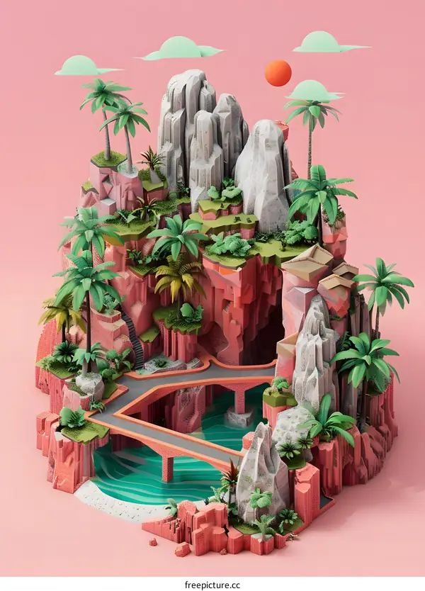 3D Illustration of a Tropical Island with Palm Trees and Mountains
