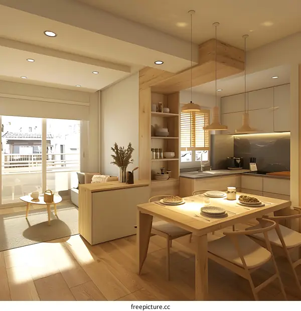 An illustration of a dining room with a table, chairs, and a kitchen in the background