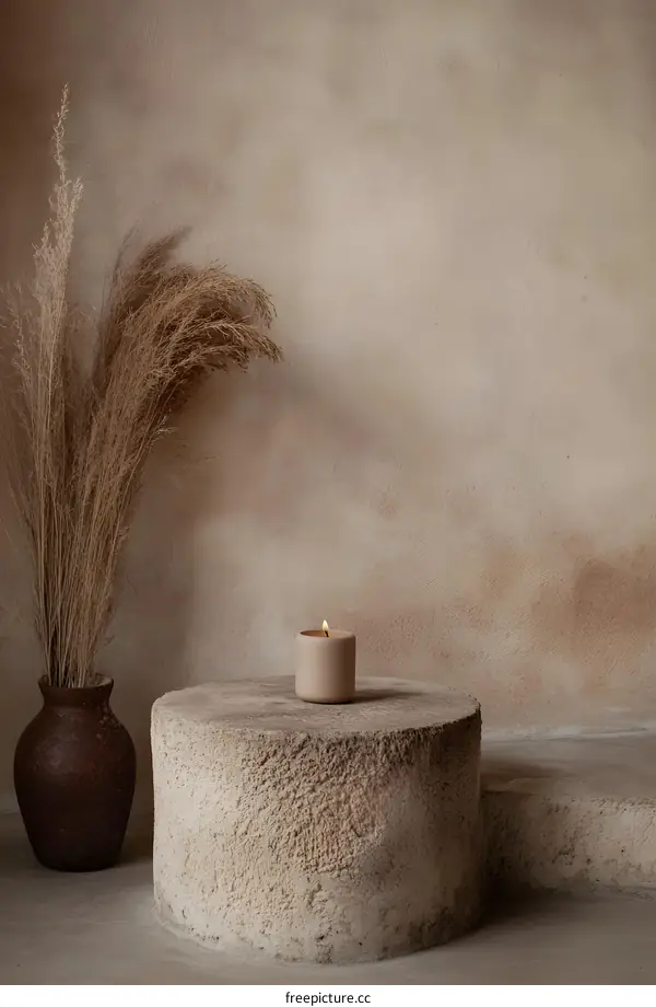 Burning Candle on a Stone Platform with Dried Grass