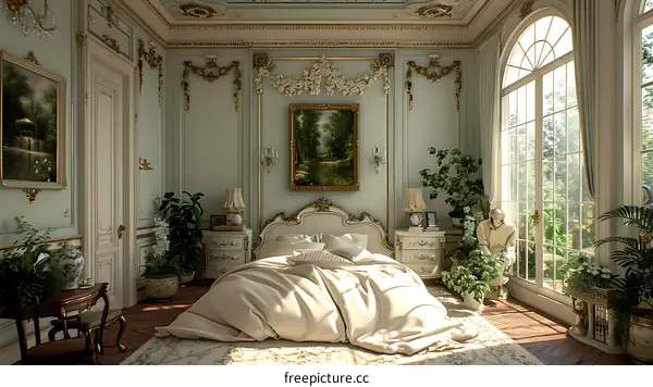 A luxurious bedroom with a Rococo style
