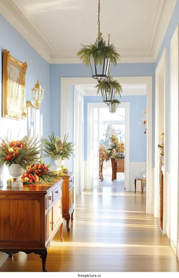 Elegant Blue Hallway Decorated for the Holidays