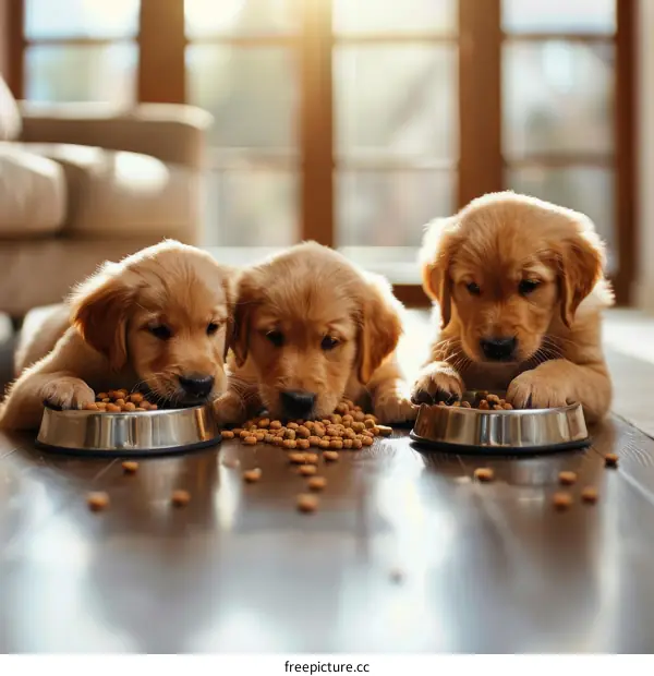 Three Golden Retriever puppies eating food from bowls on a wooden floor