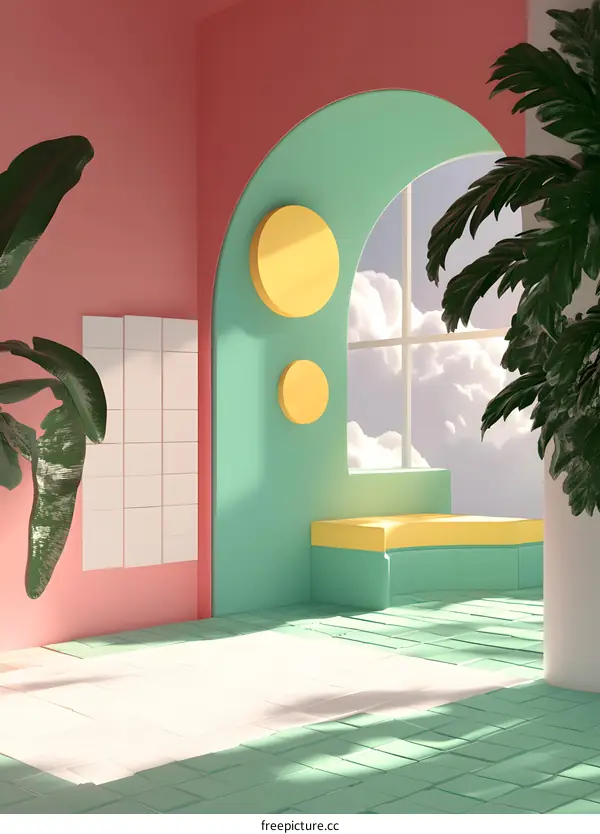Minimalist 3D Illustration of a Room with an Arch Window and Tropical Plants