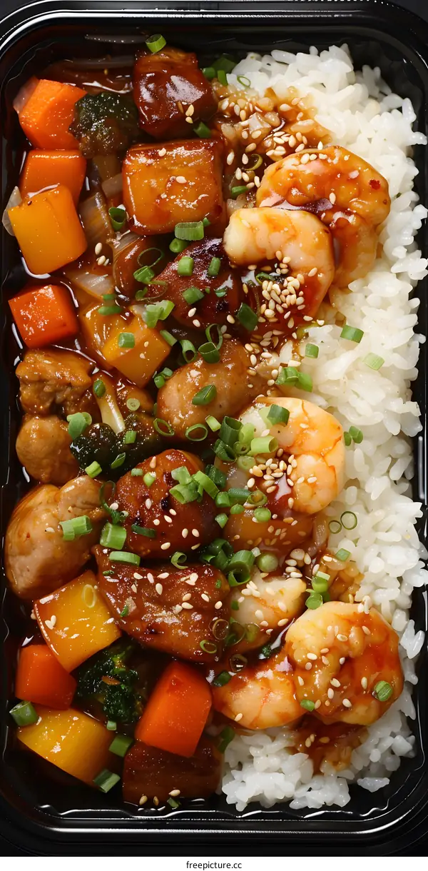Close Up Of Teriyaki Chicken And Shrimp With Rice