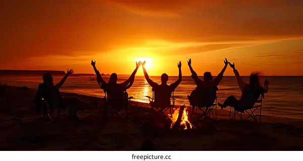Silhouettes of Friends Celebrating Sunset on the Beach with Bonfire