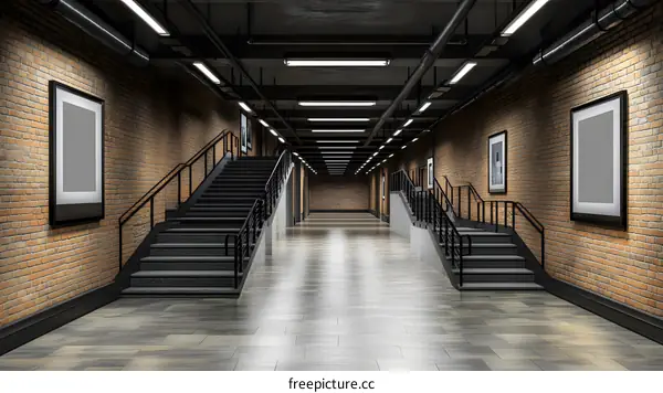 Industrial Loft Style Brick Wall Interior with Stairs and Empty Frames