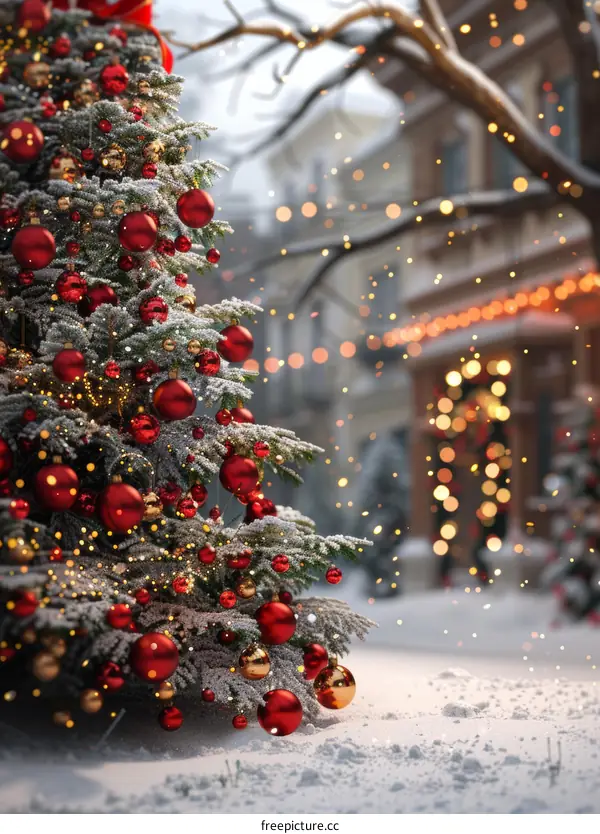 Snowy Christmas Tree in a Festive Cityscape