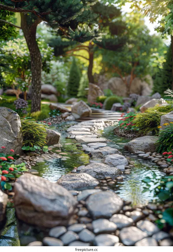 Landscape Design Renderings: Tranquil Nature Retreat with Stones, Stream, Trees, and Flowers