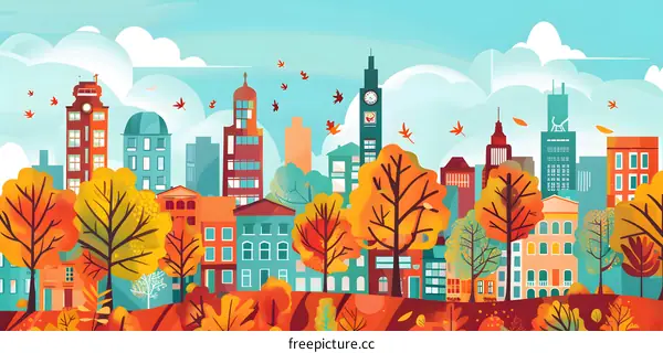 Autumn Cityscape Illustration with Colorful Buildings and Trees