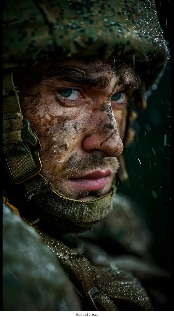 Portrait of a soldier with mud on his face