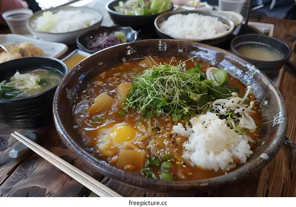 A Bowl of Japanese Curry Rice with Side Dishes