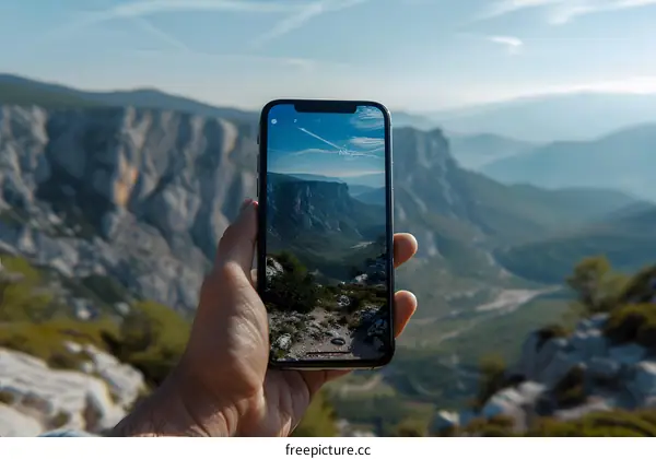 Hand Holding Smartphone with Mountain Landscape