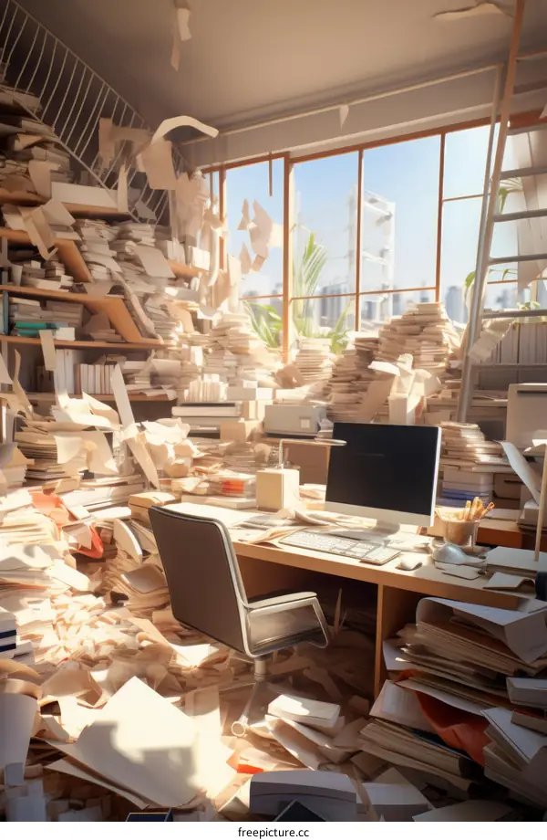 A messy office with papers everywhere