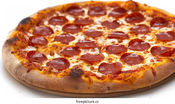 A delicious pepperoni pizza sits on a table ready to be eaten