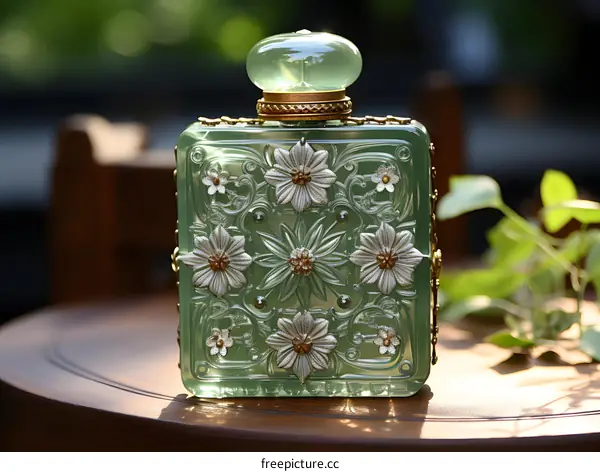 Green Glass Bottle With Floral Design