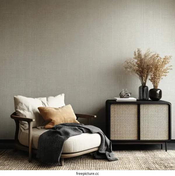 Modern Beige Living Room with Armchair and Cabinet