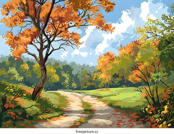 Autumn Forest Path Landscape Illustration